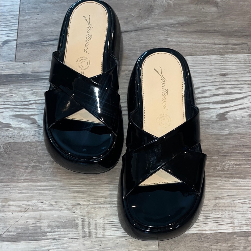 Black Patent Leather Slide Sandals